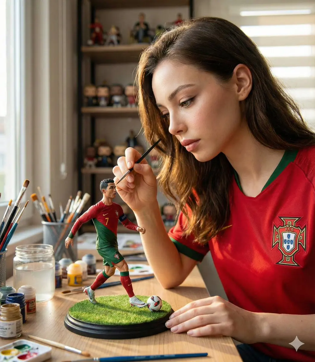 A hyper-realistic cinematic scene of a woman carefully pa...