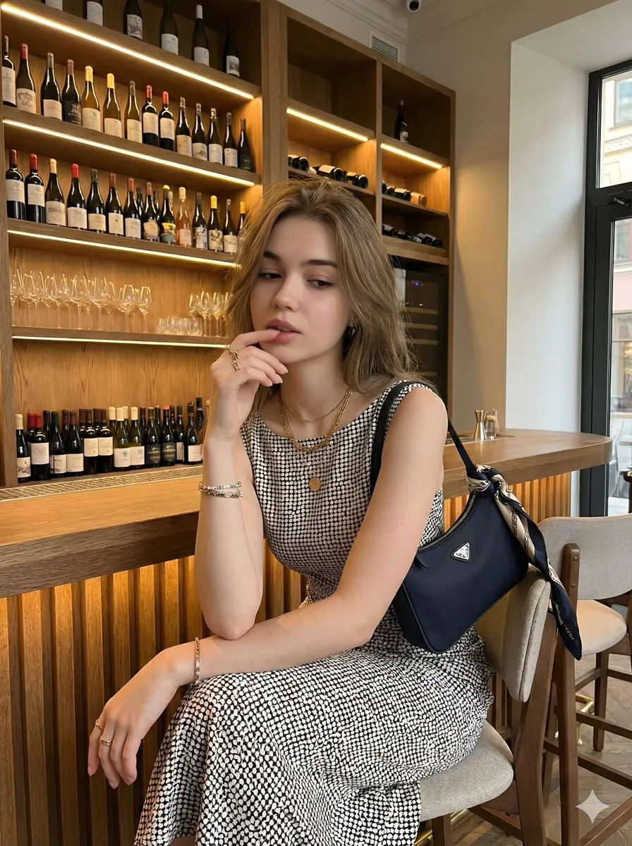 Young beautiful woman with long wavy hair, elegant sleeve...
