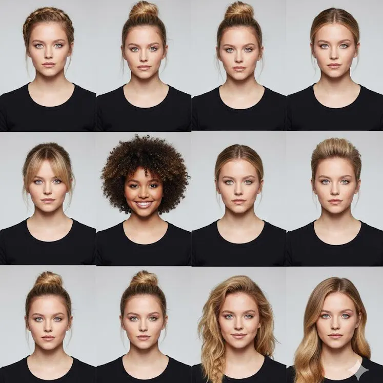 A 3×3 grid collage featuring the same female model, each ...