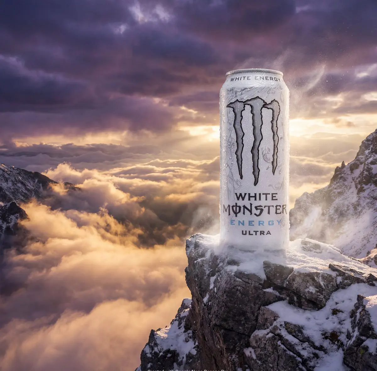 Product ad style AI image on a mountain peak above clouds...