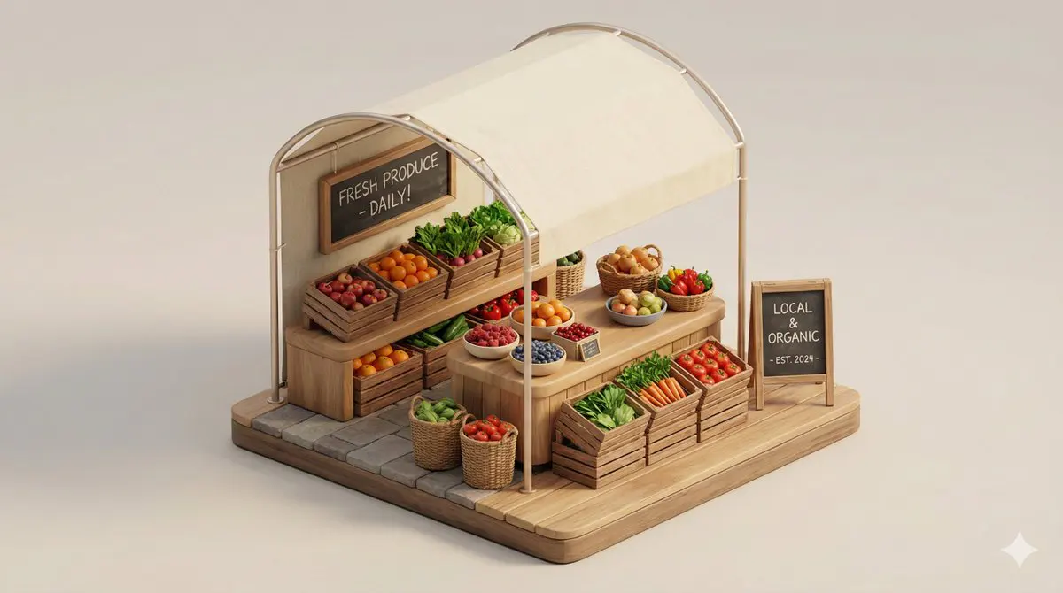 A clean, minimal 3D isometric diorama of a [URBAN RETAIL ...