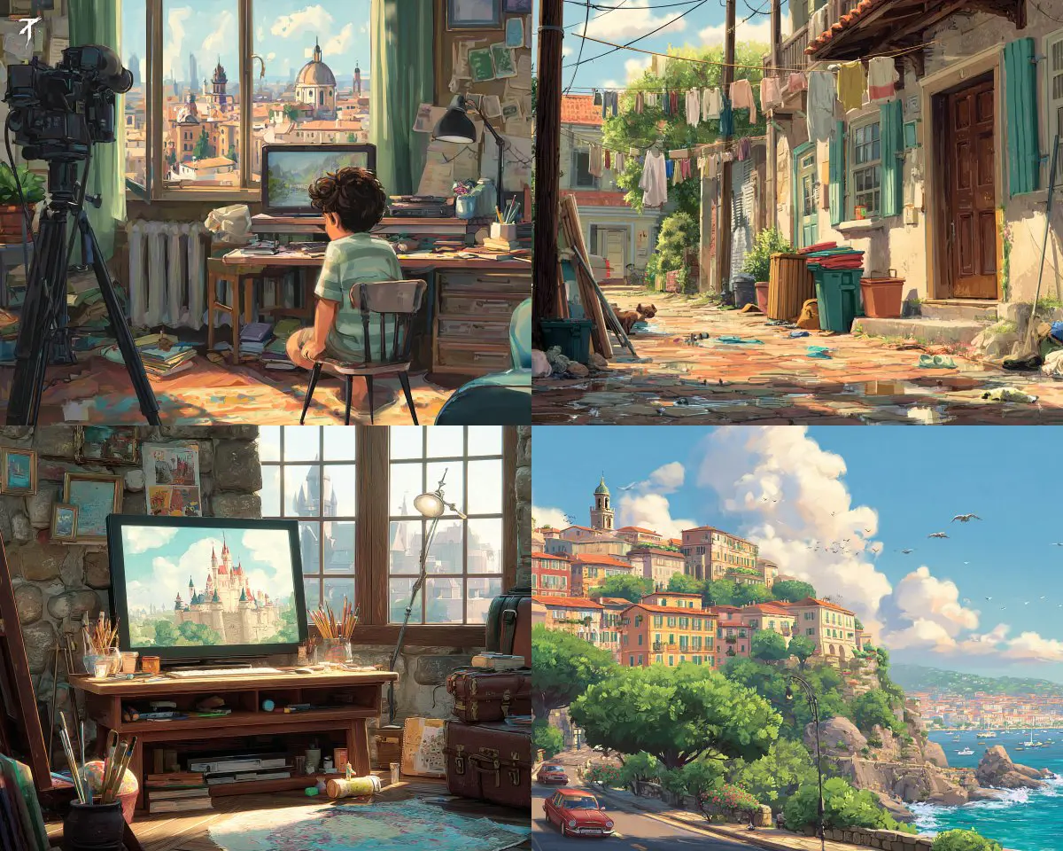 A warm, painterly illustration style with quiet rooms, su...