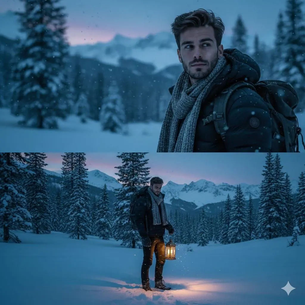 A cinematic winter portrait of a handsome man standing in...
