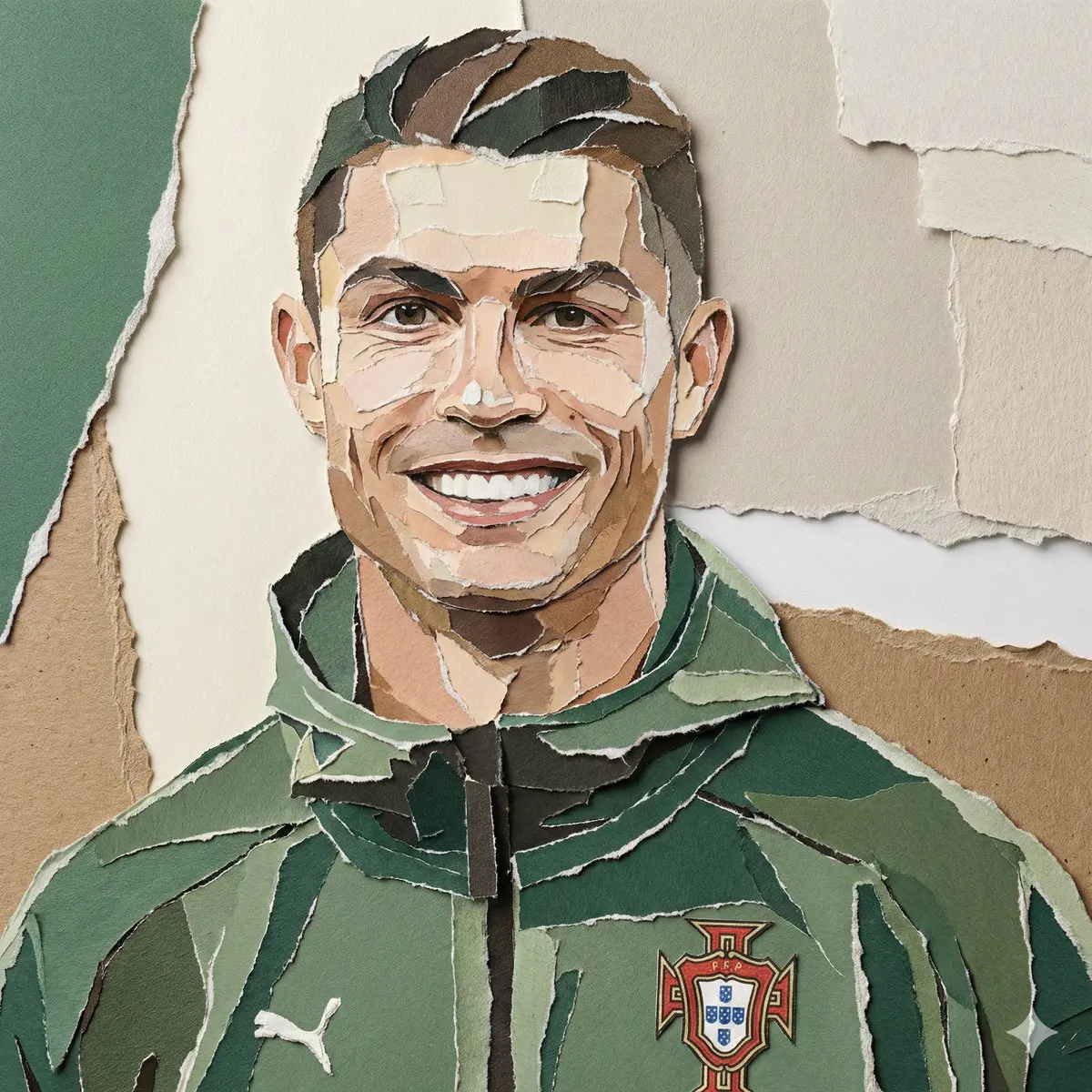 Create a realistic torn paper collage portrait of the sub...
