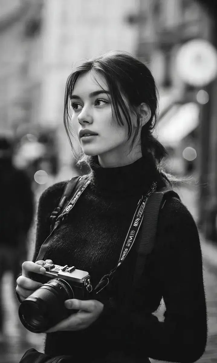 A cinematic black-and-white street portrait of a young wo...