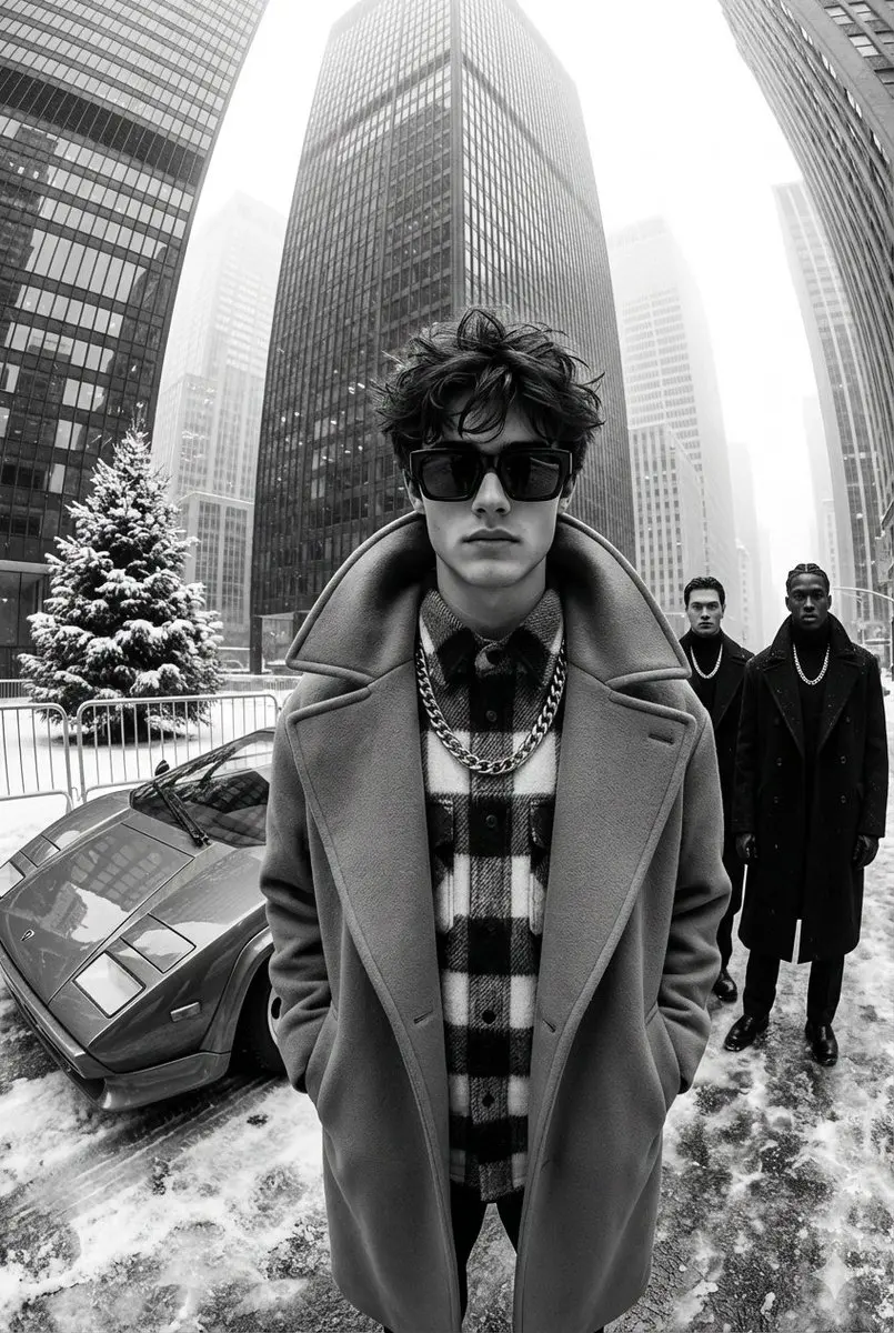 A black-and-white, high-contrast, ultra-glamorous street ...