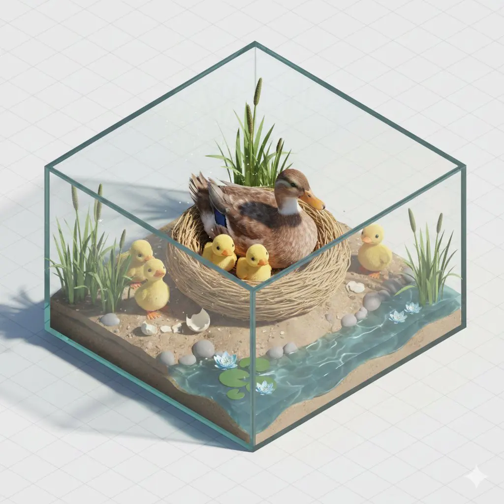 Isometric miniature nature diorama showing a mother [PARR...