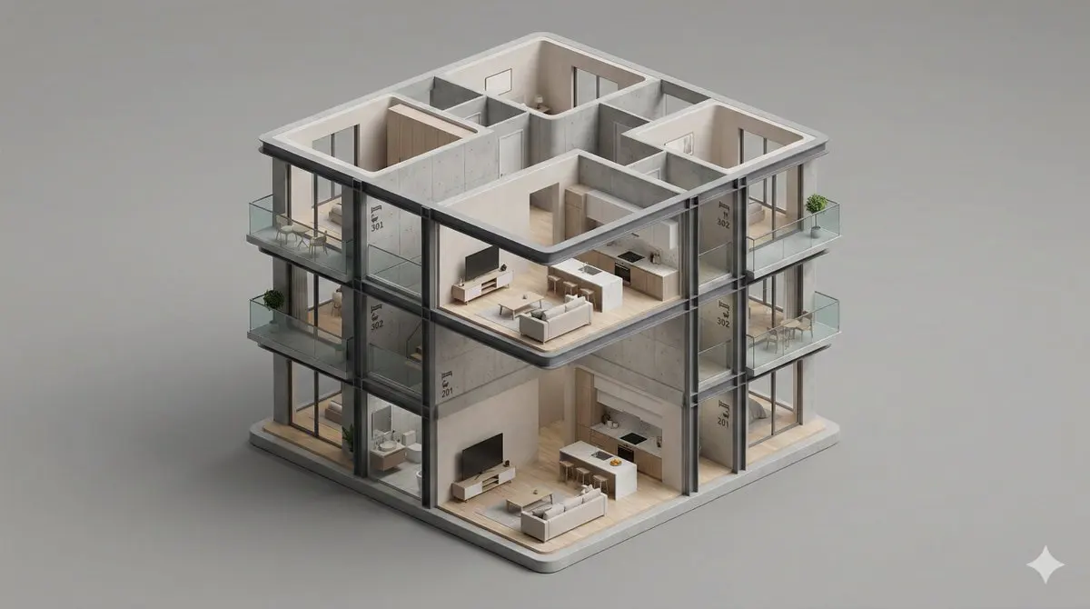 A clean, minimal 3D isometric diorama of a [BUILDING TYPE...