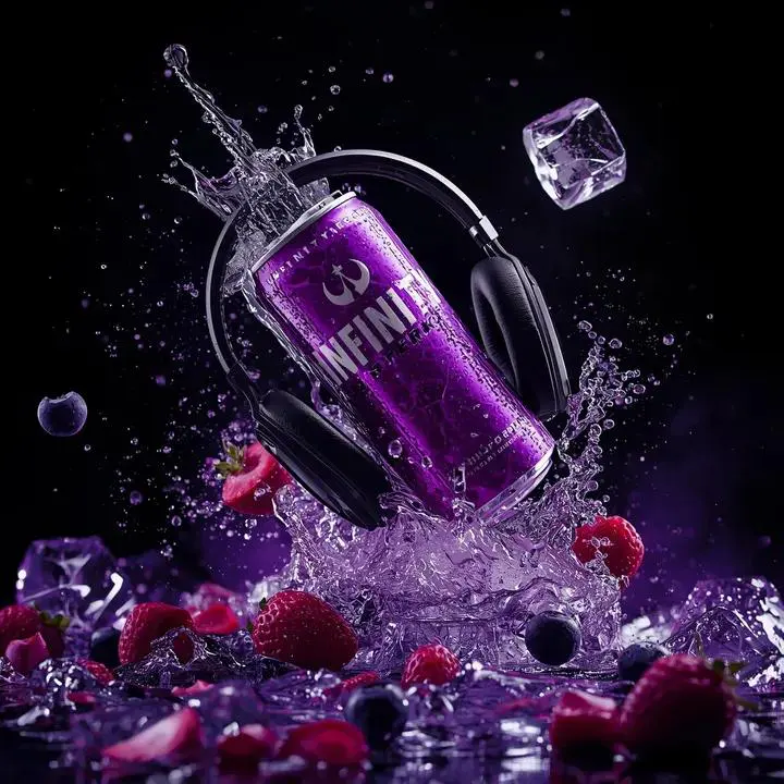 Ultra-cinematic product photography of a purple energy dr...