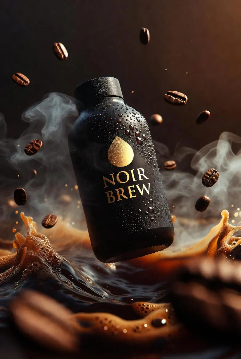 Ultra-cinematic premium coffee bottle labeled “NOIR BREW”...