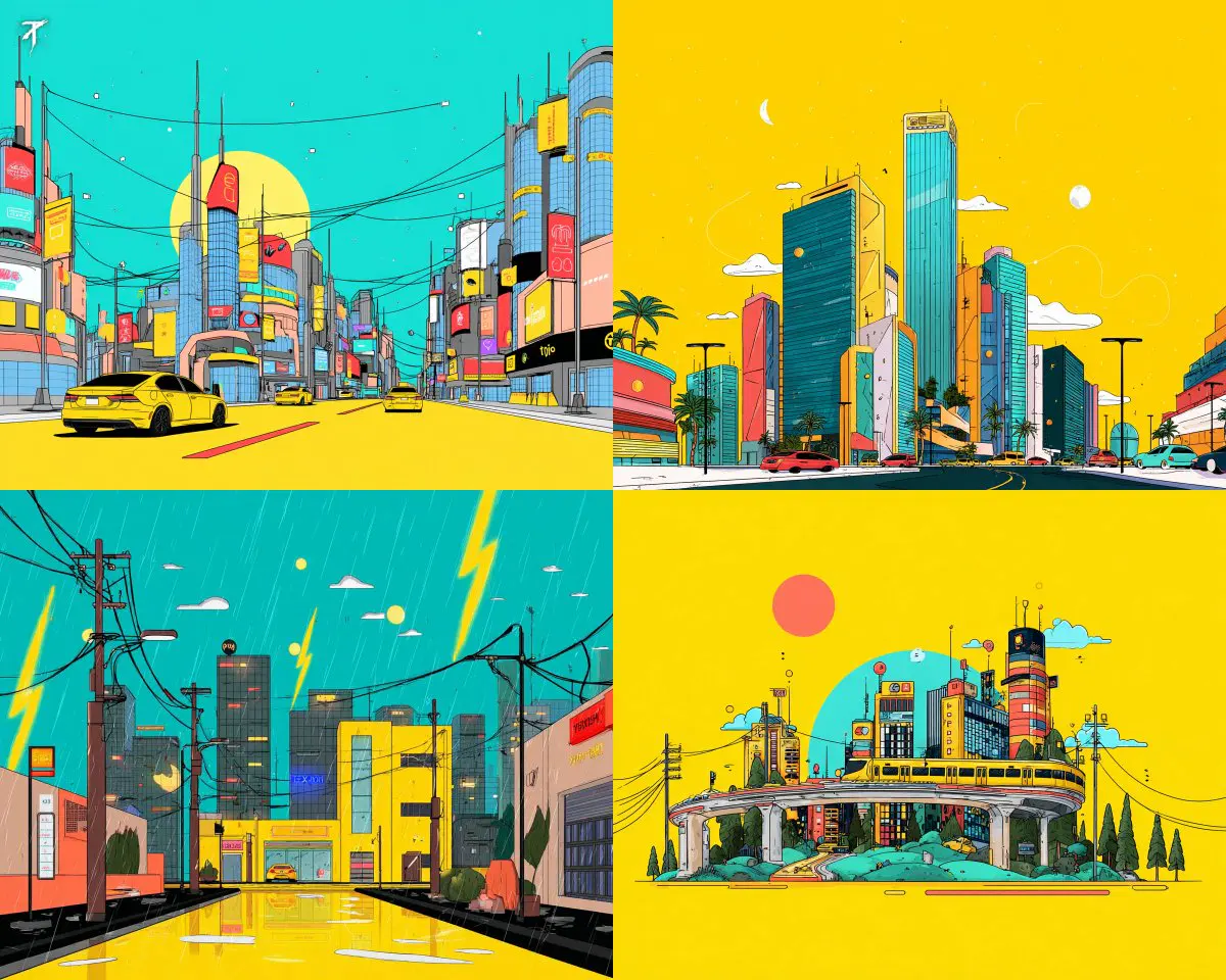A bold, graphic city style with flat colors and clean lines.