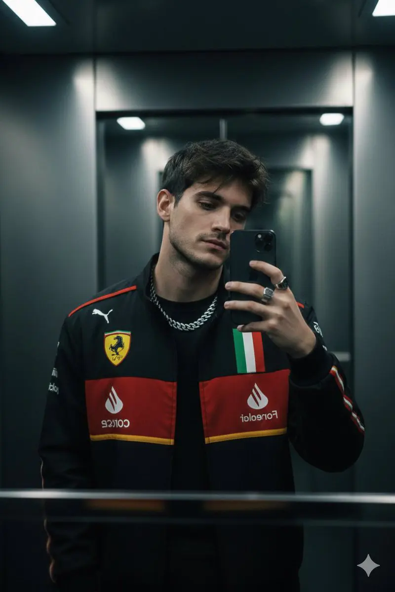 A moody cinematic mirror selfie of a stylish young man us...