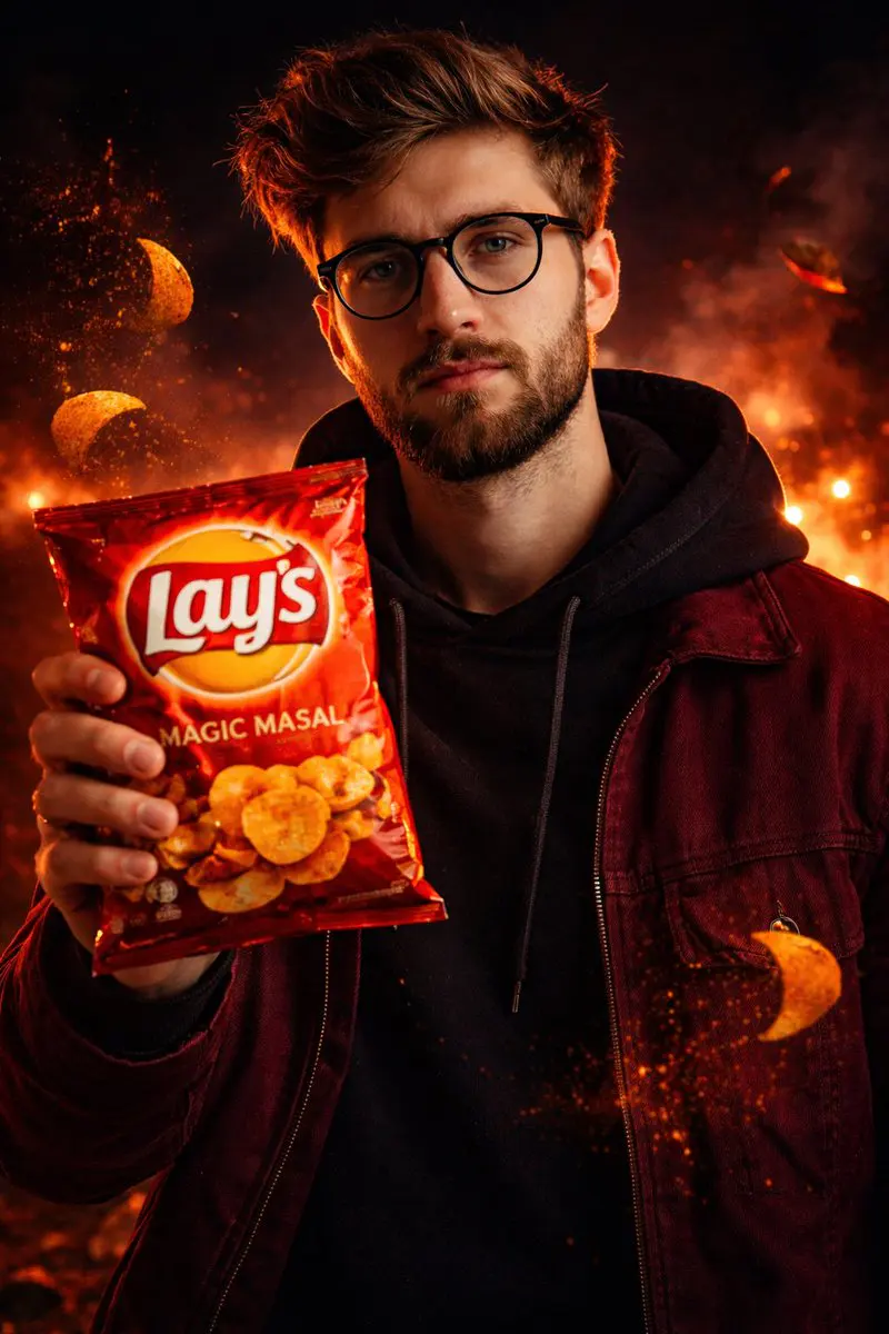 A cinematic, ultra-realistic advertising shot of a man ho...