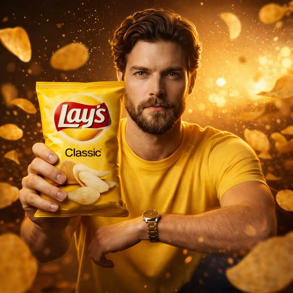 A cinematic, ultra-realistic advertising shot of a man ho...