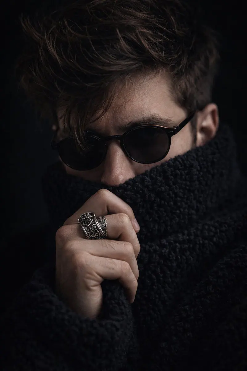 Extreme close-up cinematic portrait of a young man with d...