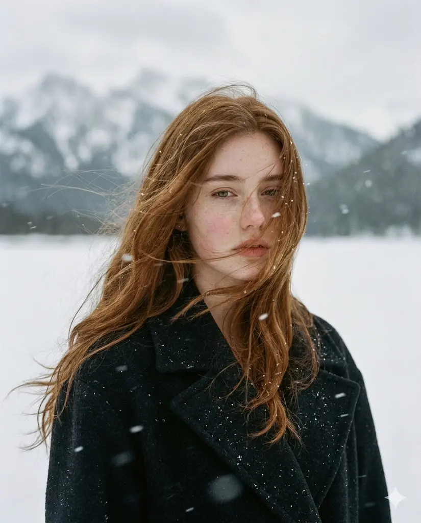 A poetic cinematic portrait of a young woman standing alo...