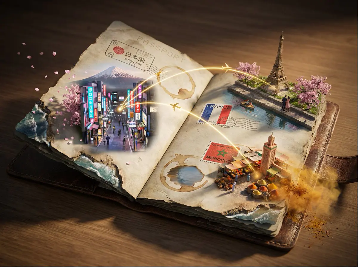Epic 3D scene: a weathered passport lies open, its visa s...