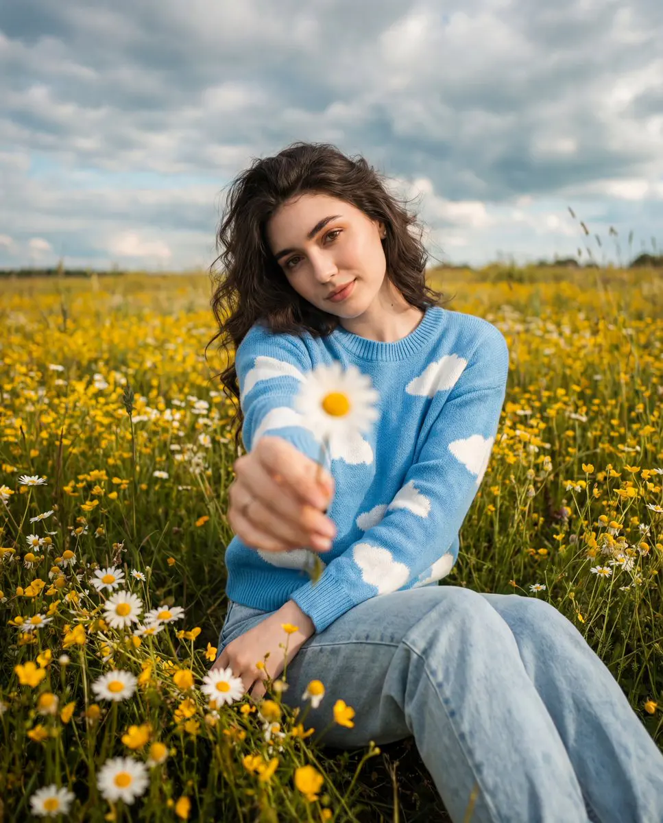 cinematic, wide-angle portrait of her sitting in a wildfl...