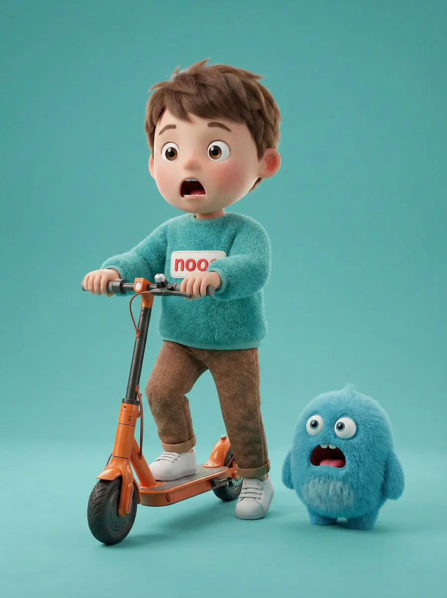 A high-quality 3D render of a cute young boy riding an or...