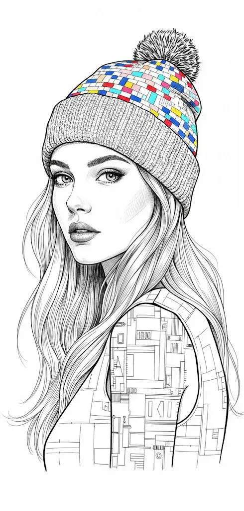 Ultra-detailed black and white ink illustration of a youn...