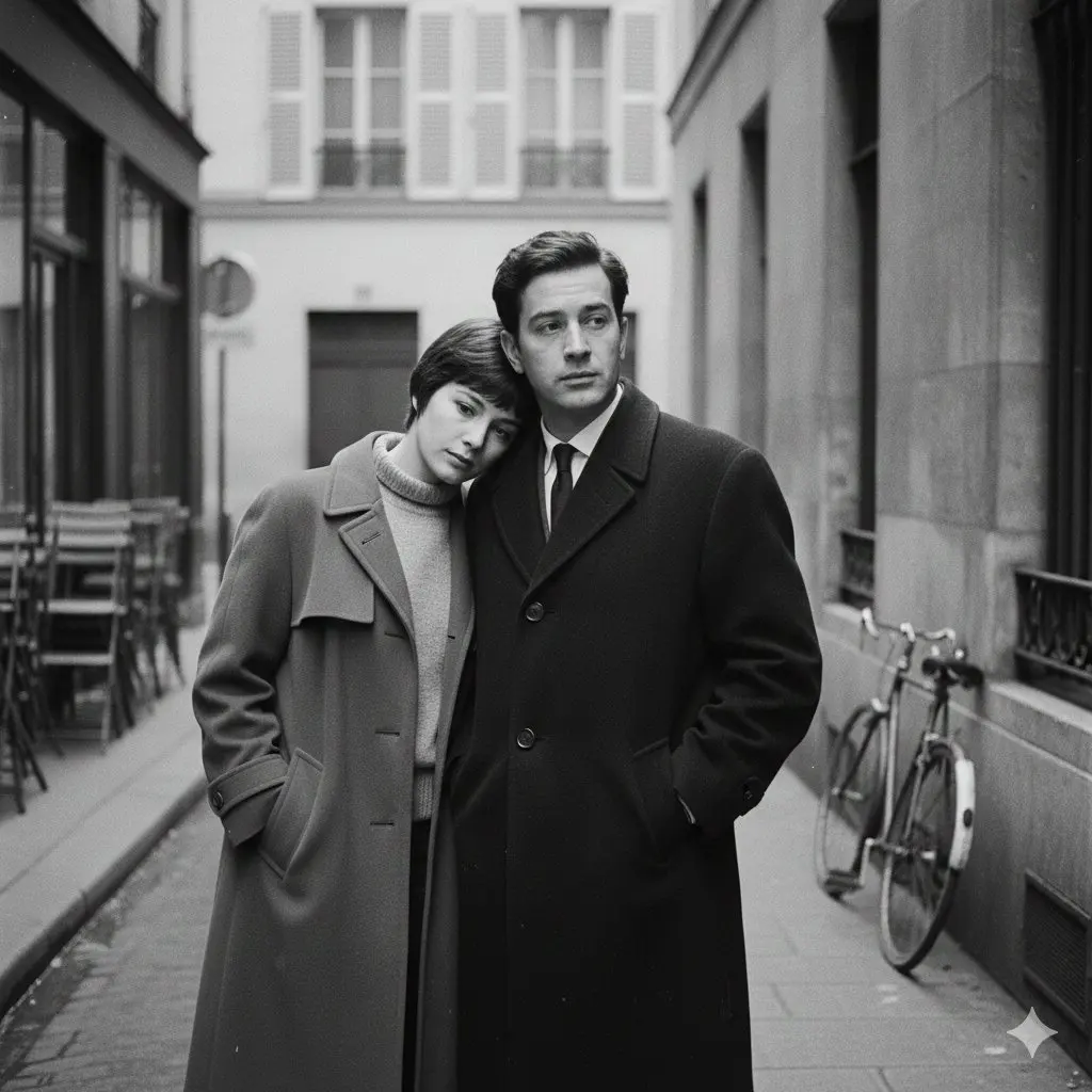 A French New Wave–style minimalist lovers scene, black an...