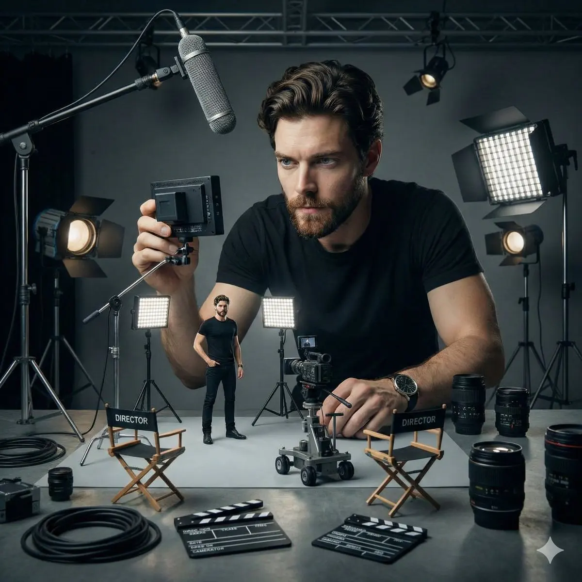 Ultra-realistic cinematic studio scene of a woman supervi...