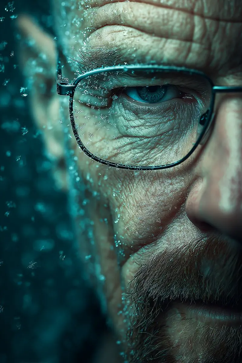 Walter White editorial surreal, centered; FG crystal dust...