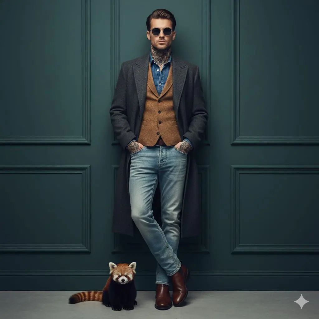 A cinematic fashion portrait of a stylish man leaning aga...