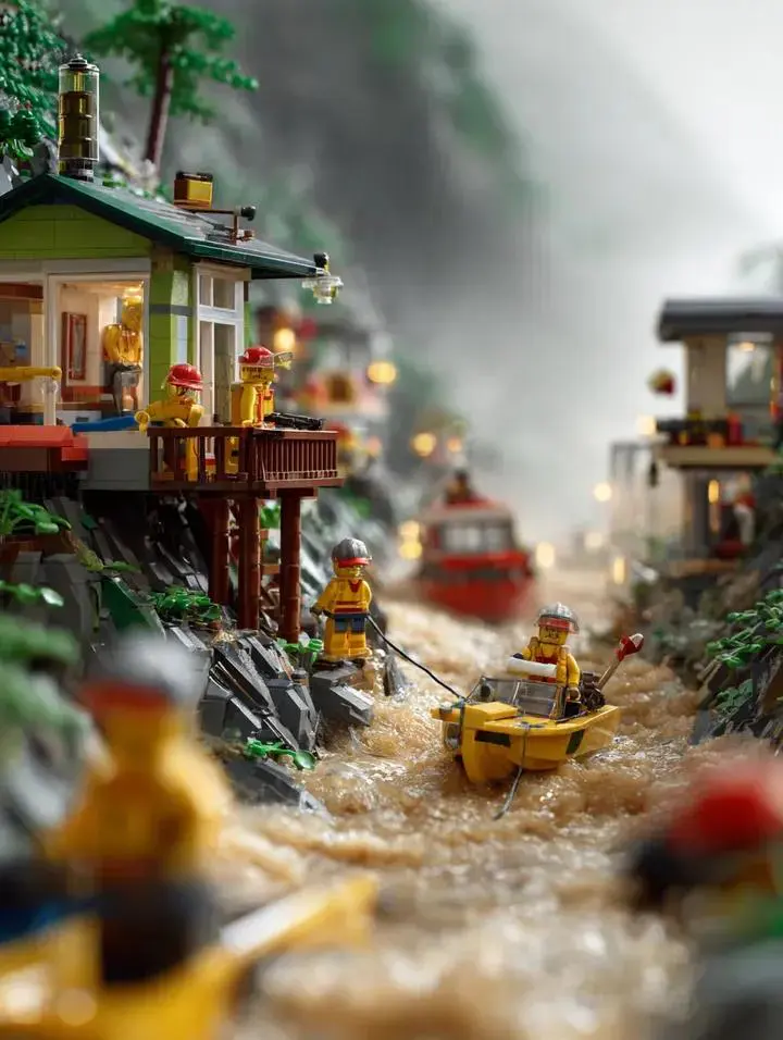 LEGO mountain flood rescue scene, torrential rain causing...