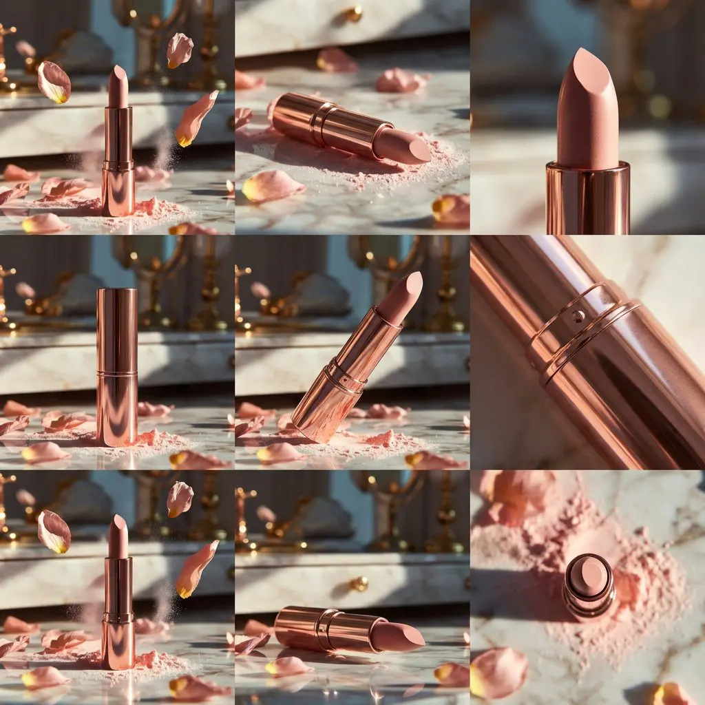 Elegant rose-gold lipstick standing upright on a reflecti...