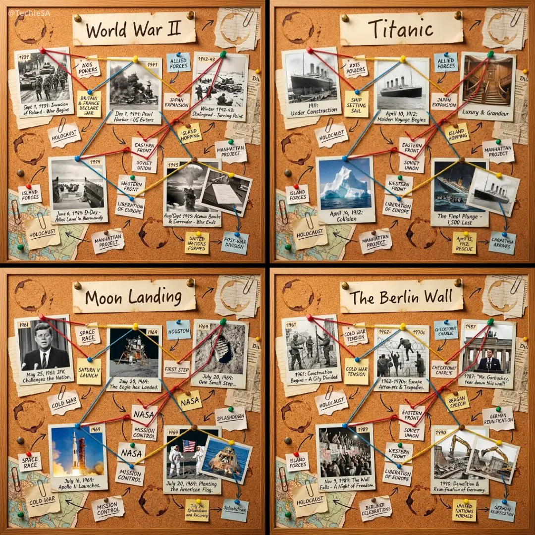1080x1080 cork-board layout telling the story of [HISTORI...