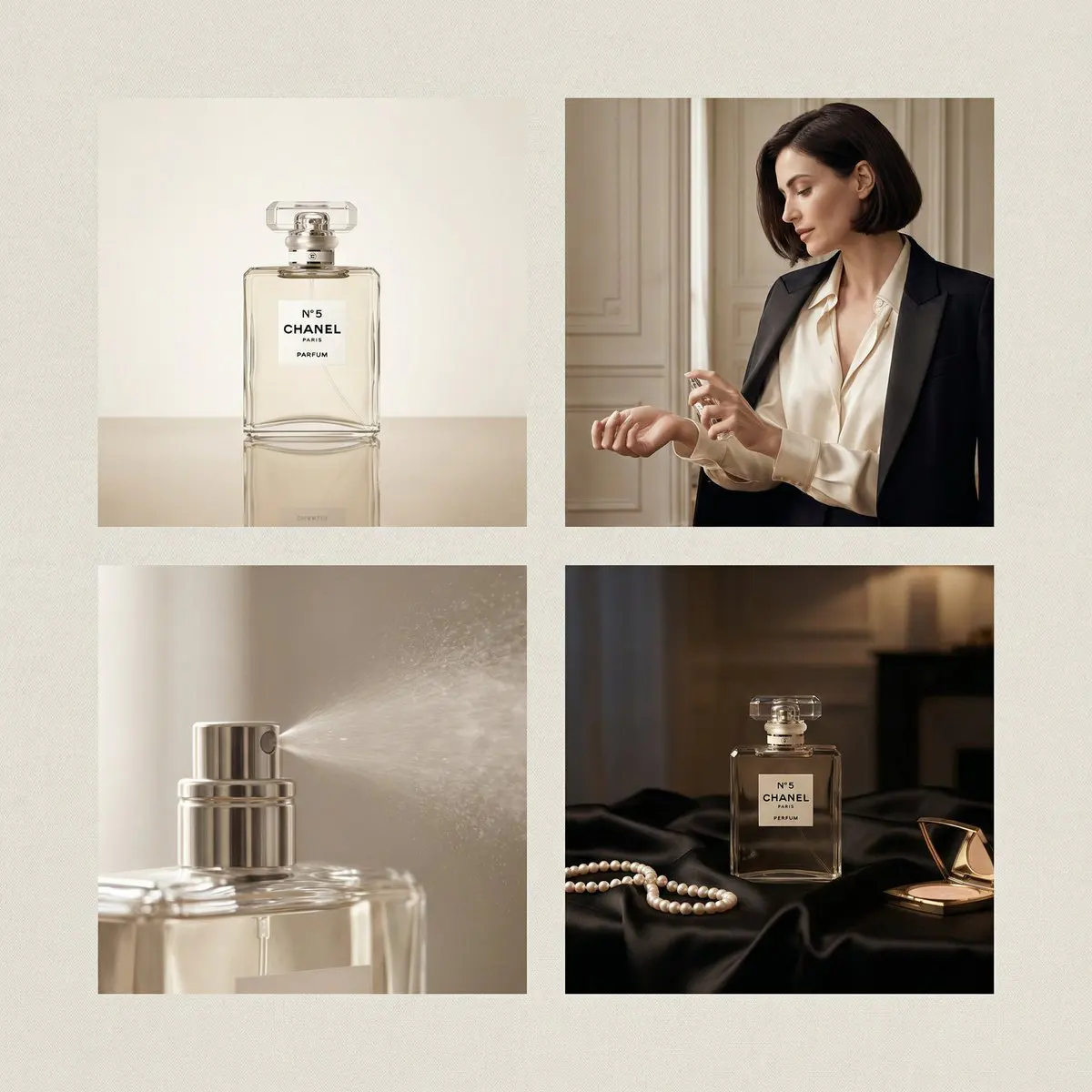 2×2 grid luxury perfume advertisement for Chanel perfume,...