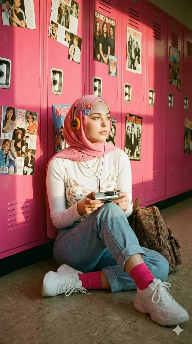 A cinematic, nostalgic portrait of a young hijab woman (u...