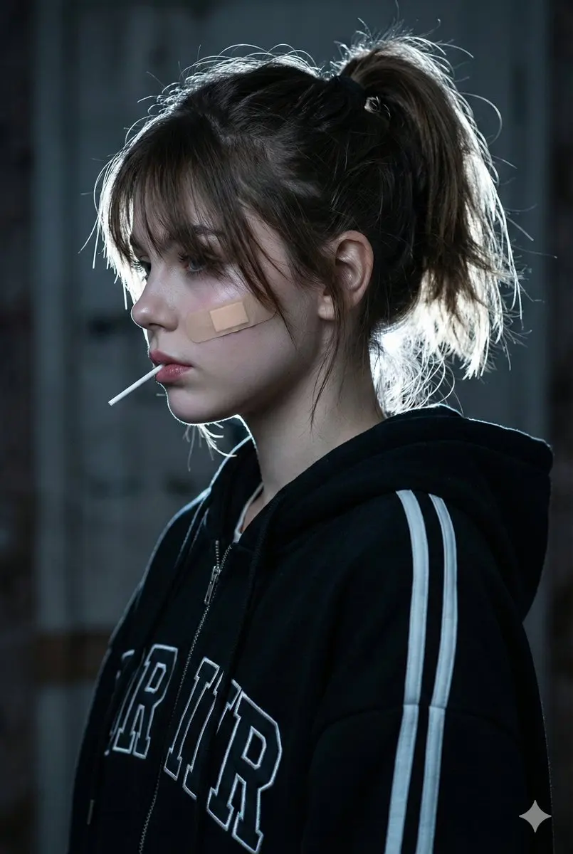 A cinematic close-up side profile portrait of a young wo...
