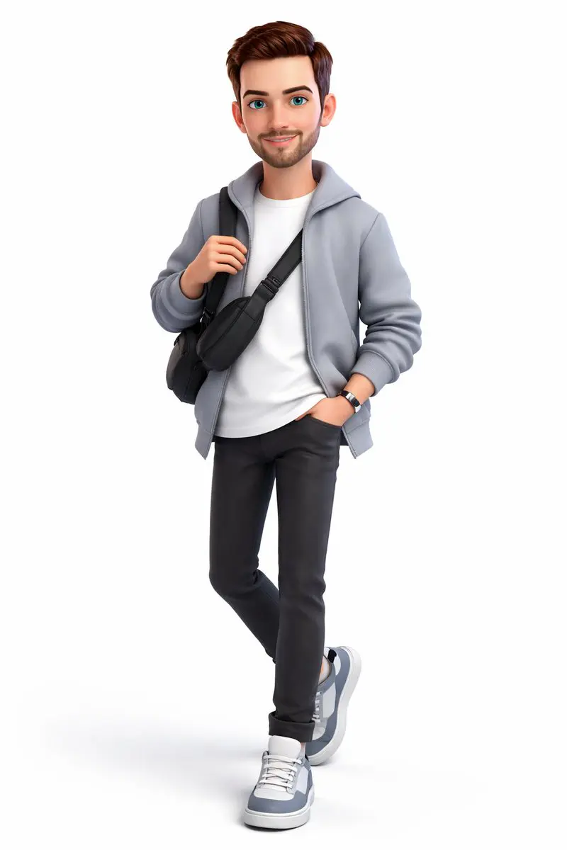 A full-body 3D stylized cartoon boy, Pixar/Disney-inspire...