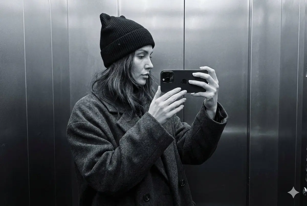 A photorealistic profile selfie, minimalist and monochrom...