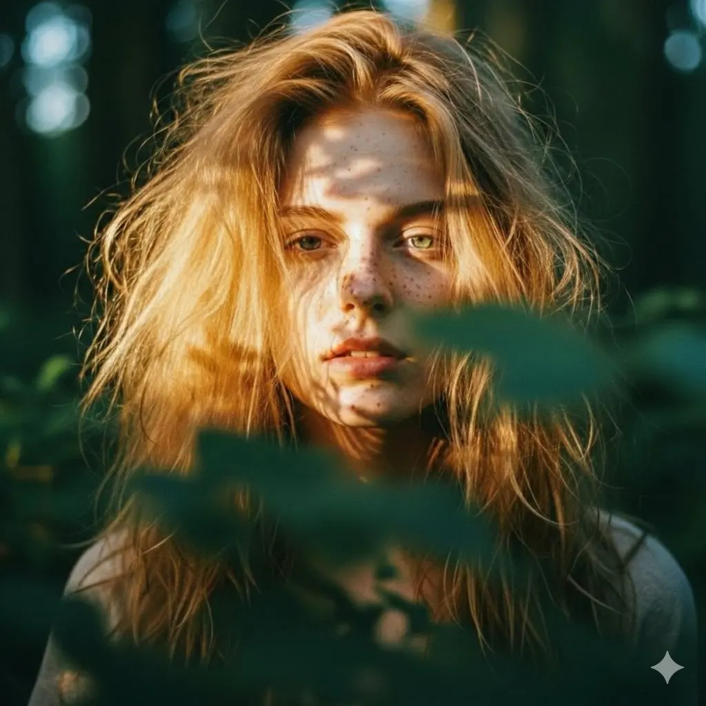Close-up portrait of a young woman with messy, voluminous...