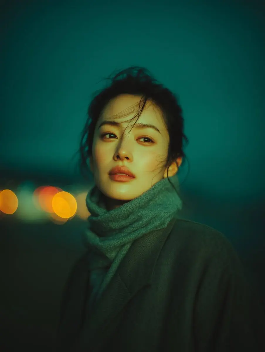 A cinematic night-time portrait of a young woman standing...