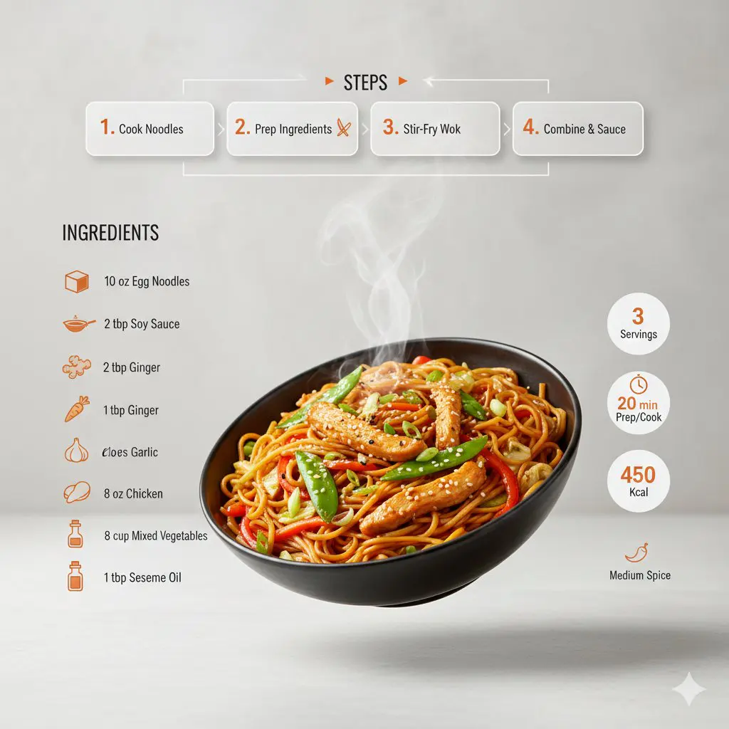 Ultra-clean modern recipe infographic. Showcase chowmin i...