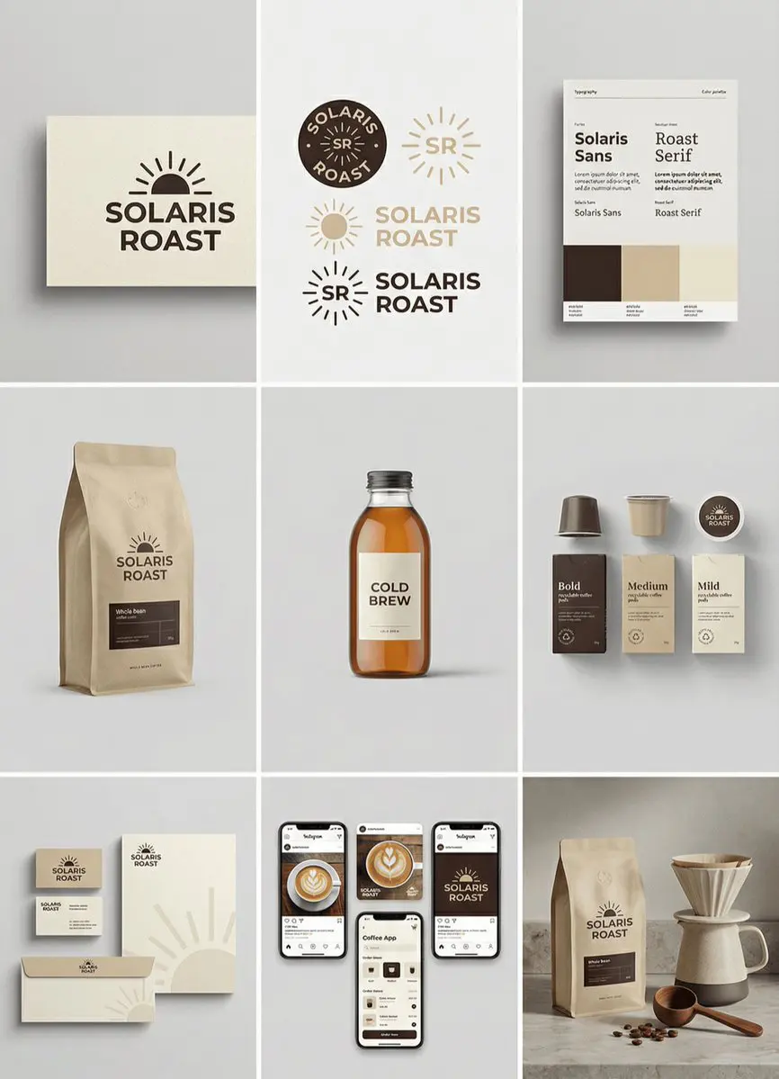 [brand name], complete brand identity grid, 3x3 layout, n...