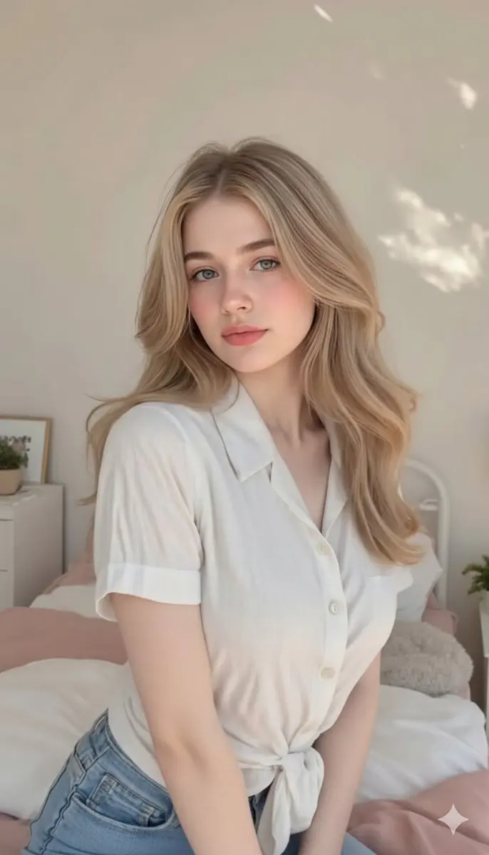 Cute, innocent young adult blonde woman sitting comforta...