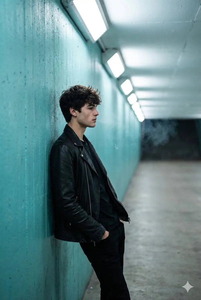 A full shot captures a young man in profile, leaning agai...