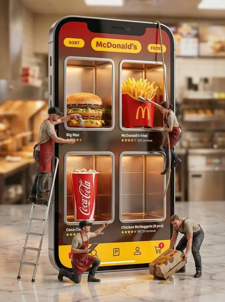 Ultra-realistic creative advertising scene showing a gian...