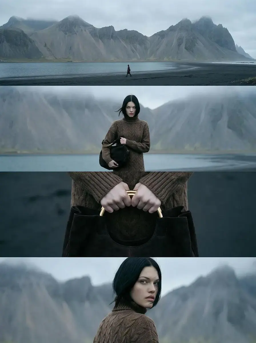 A vertical cinematic editorial image composed of four hor...