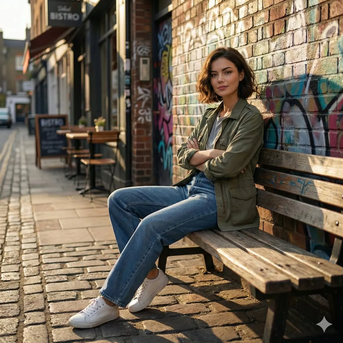 Cinematic realistic street scene, beautiful young woman w...