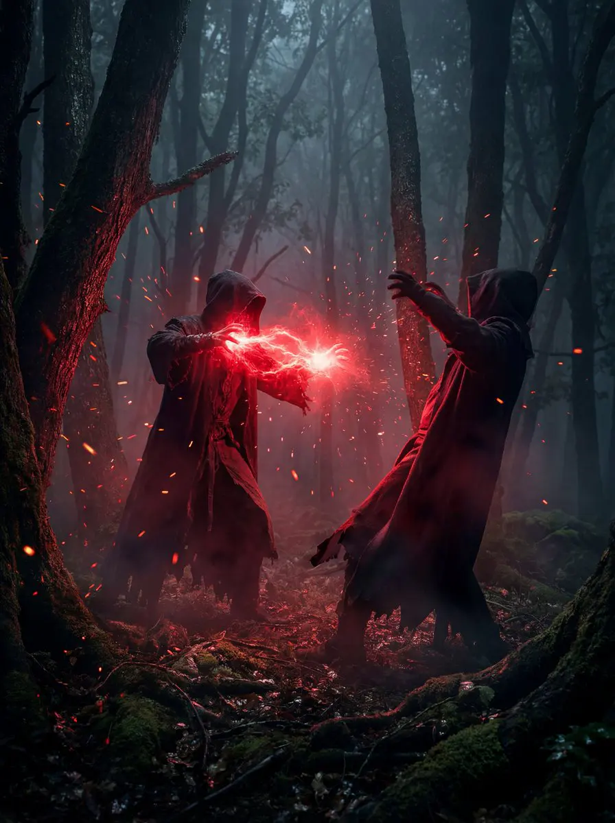 A dramatic cinematic scene in a dark foggy forest where t...