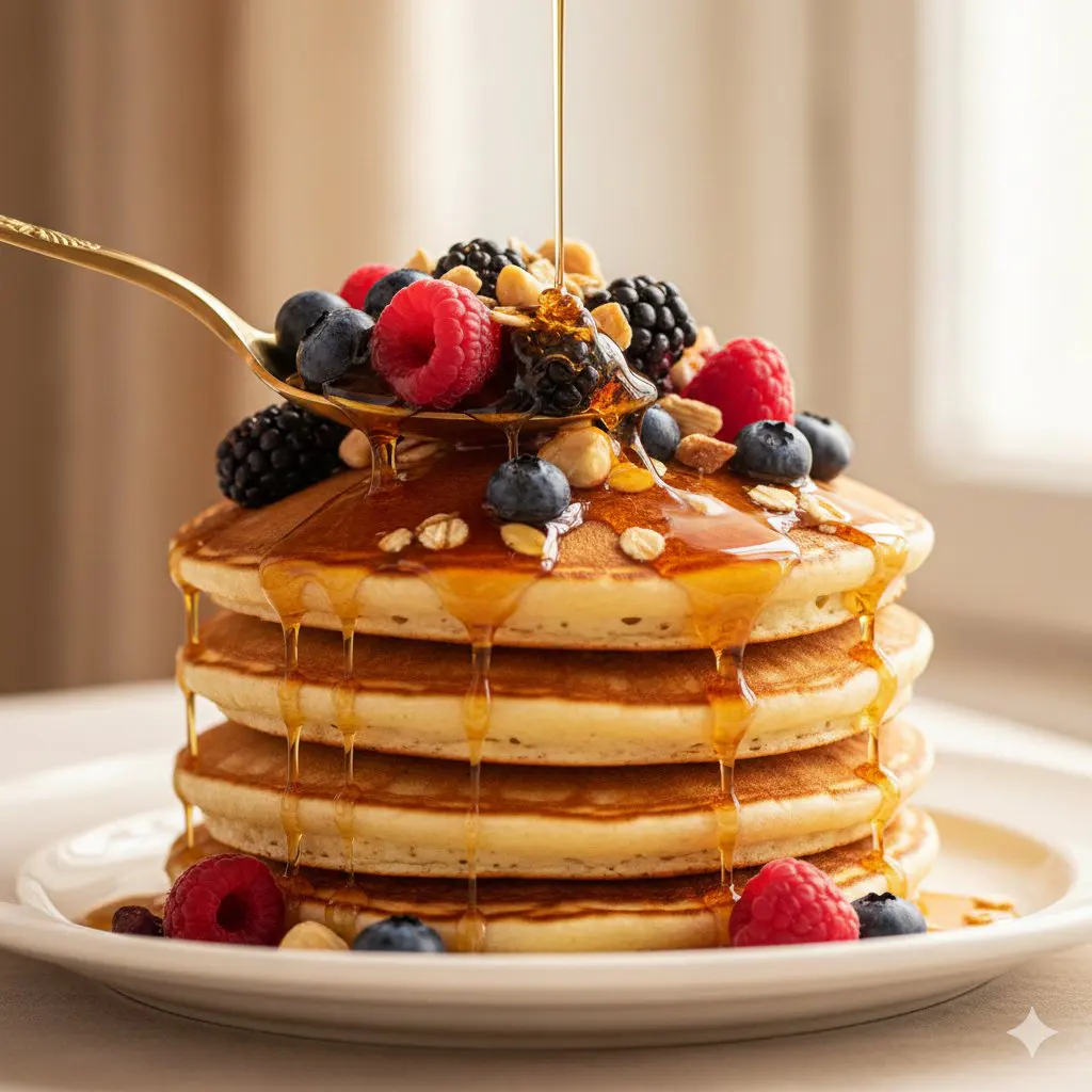 Ultra-luxury food commercial of a stack of thick, fluffy ...