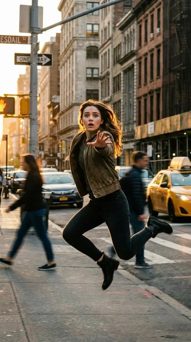 A cinematic freeze-frame shot of a young woman suspended ...