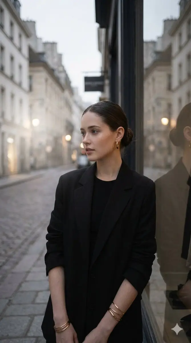 Elegant woman with dark hair in a sleek bun, wearing a st...