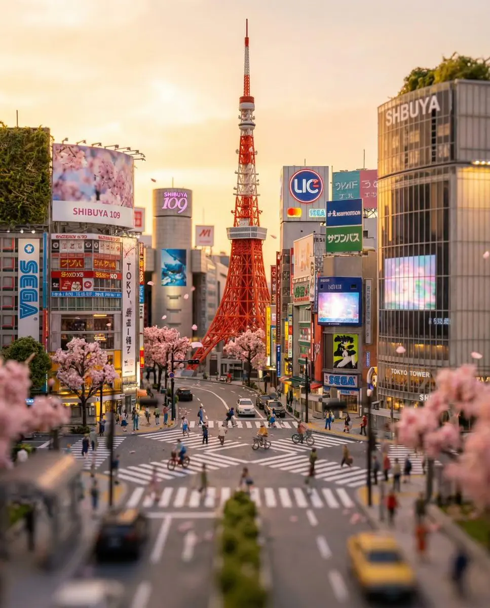Tilt-shift 3D model diorama in 4:5 aspect ratio, highligh...